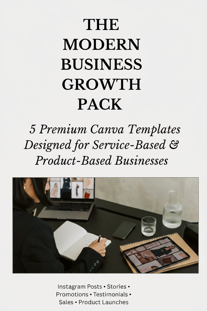 Promotional graphic for 'The Modern Business Growth Pack' with text and a person working at a desk.